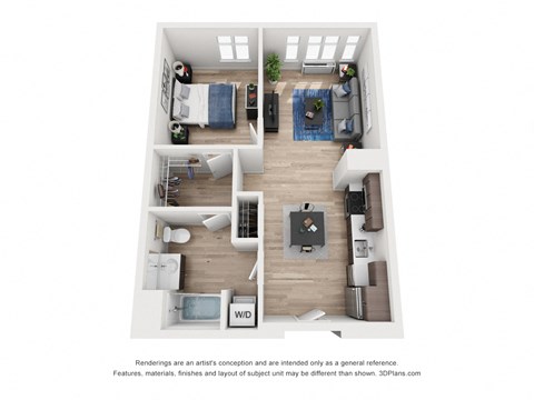 Floor plan for 1 bed, 1 bath, 703 sqft
